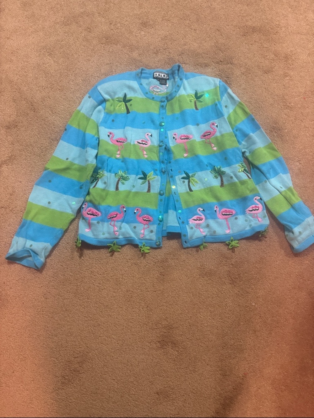 Vintage striped Flamingo Embroidered Cardigan - Blue & Green